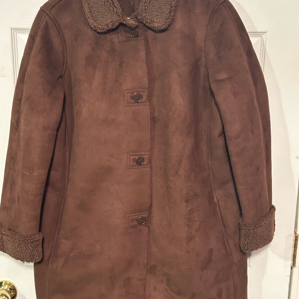 Lands’ End Sherpa-Lined coat featuring a brown faux suede.